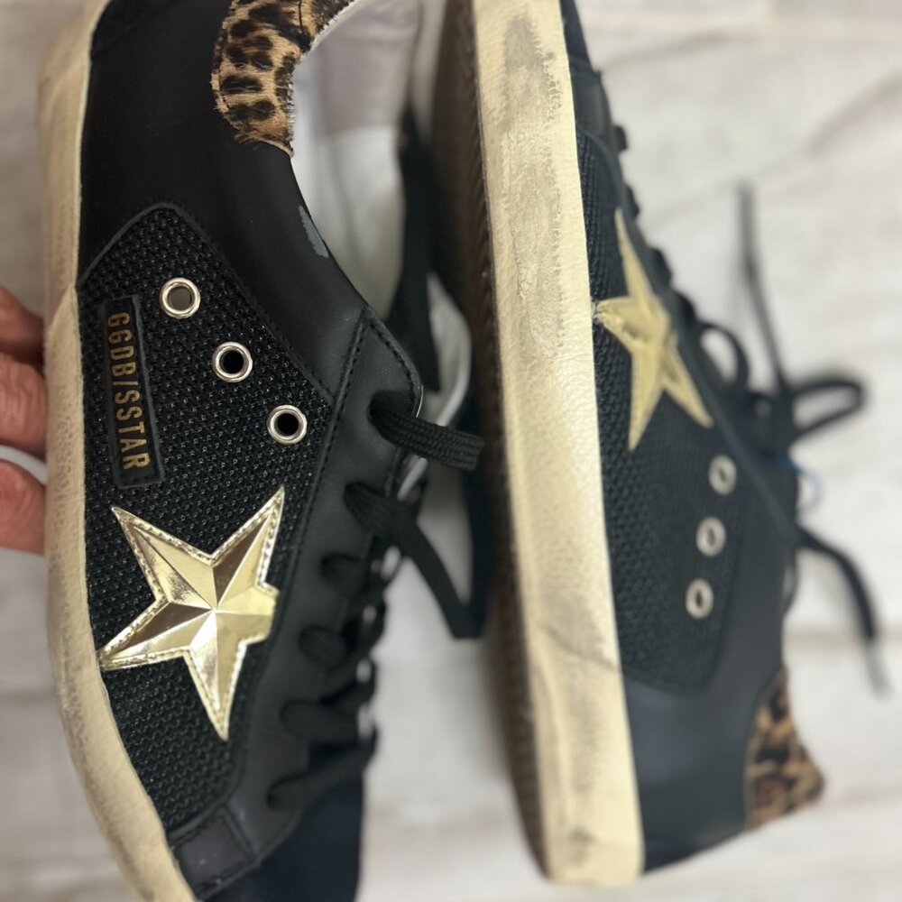 Golden Goose Superstar Black Leather/Mesh/Suede, Gold Star Leopard Heel  EU 40
